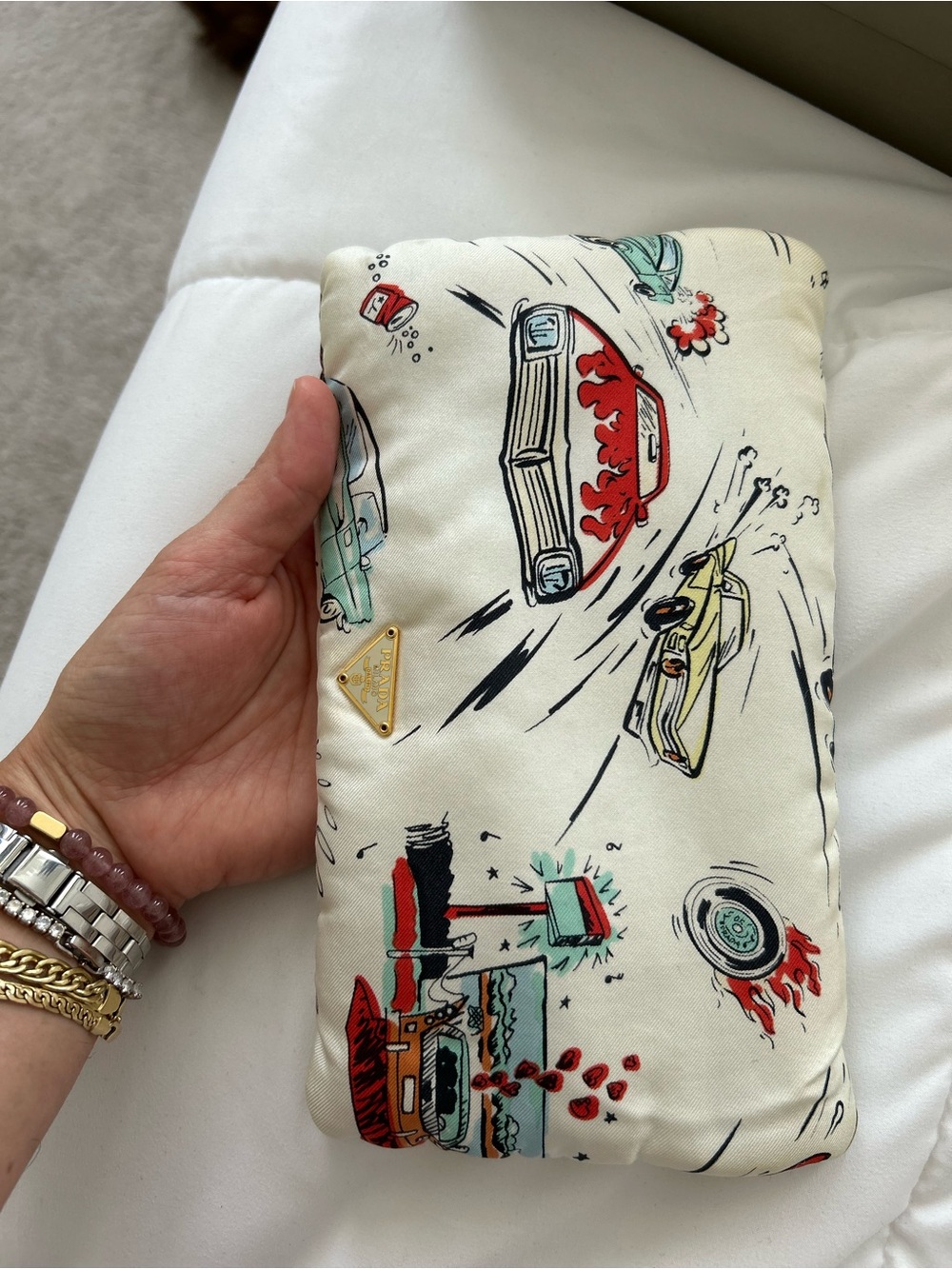 Prada Cream Silk Automotive Print Accent Pillow with Red & Teal Details